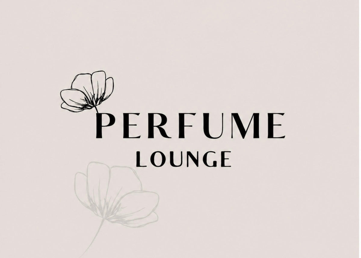 A minimalist logo for 'PERFUME LOUNGE' in black serif text on a light warm beige background, with thin floral line drawings in black and faint gray.